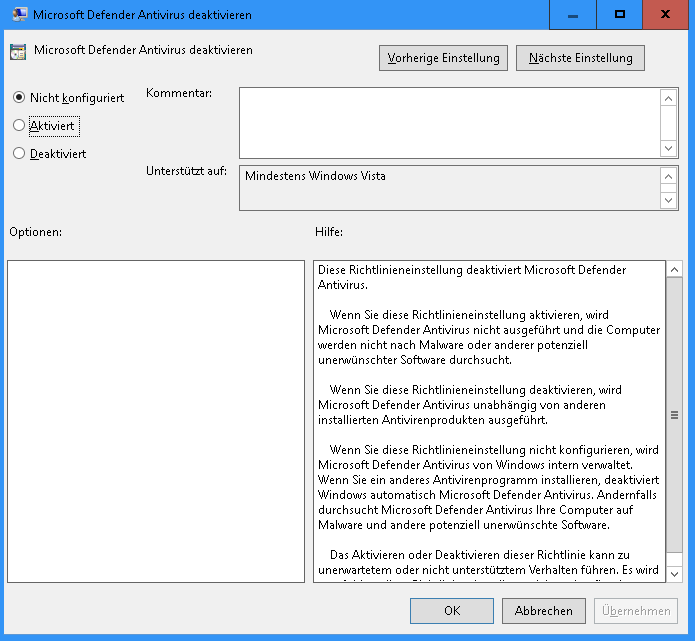 AKTIVIERE die Deaktivierung von Microsoft Defender Antivirus.