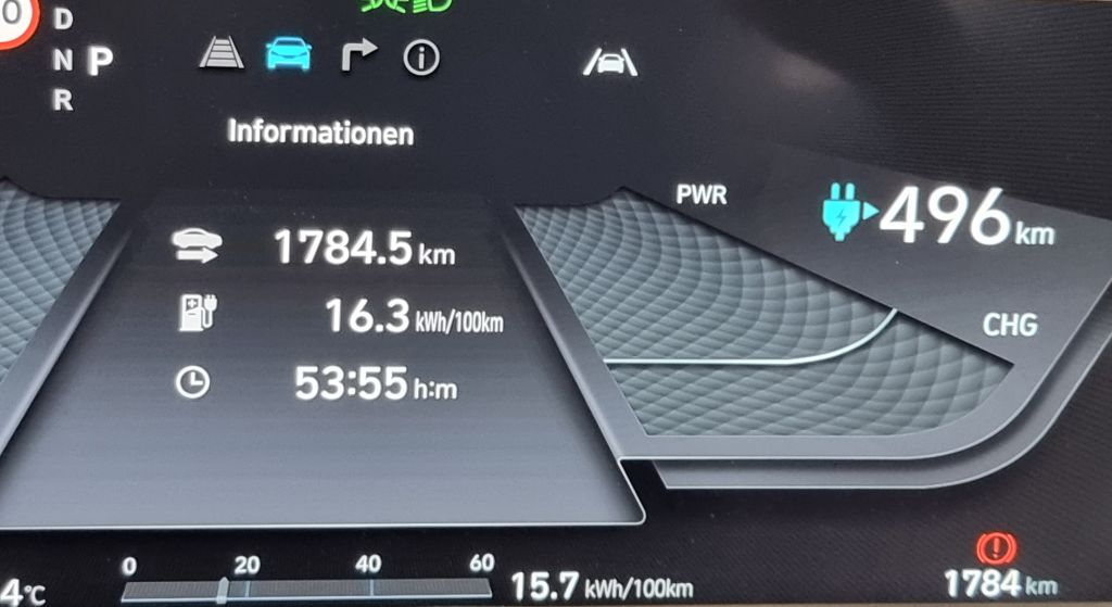 Ioniq 5 - erstaunlich sparsam. Reichweite knapp 500km (Landstraße, auf Autobahn ca. 350km)